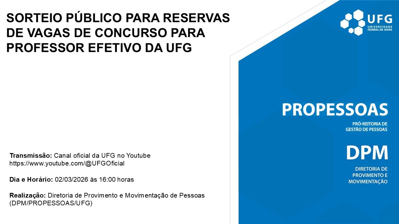 Sorteio público para reserva de vagas do concurso para professor efetivo da UFG