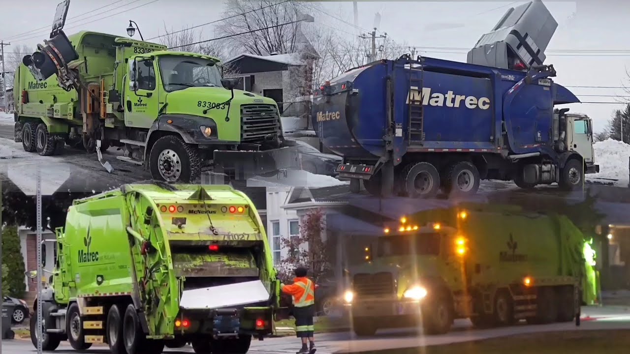 Several Matrec/GFL Garbage Trucks Collecting Heavy Bins, Dumpsters And Bulk Waste