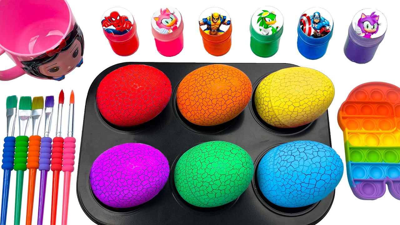 Satisfying Video | Colorful Surprise Eggs in Muffin Tray | Superhero Slime Painting Fun