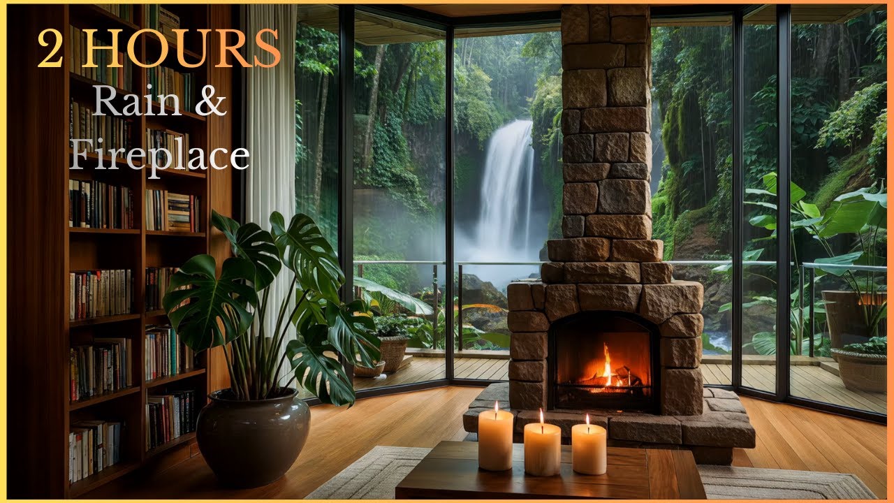2 Hours of Luxury Rainforest Mansion Ambience | Rain, Fireplace & Waterfall
