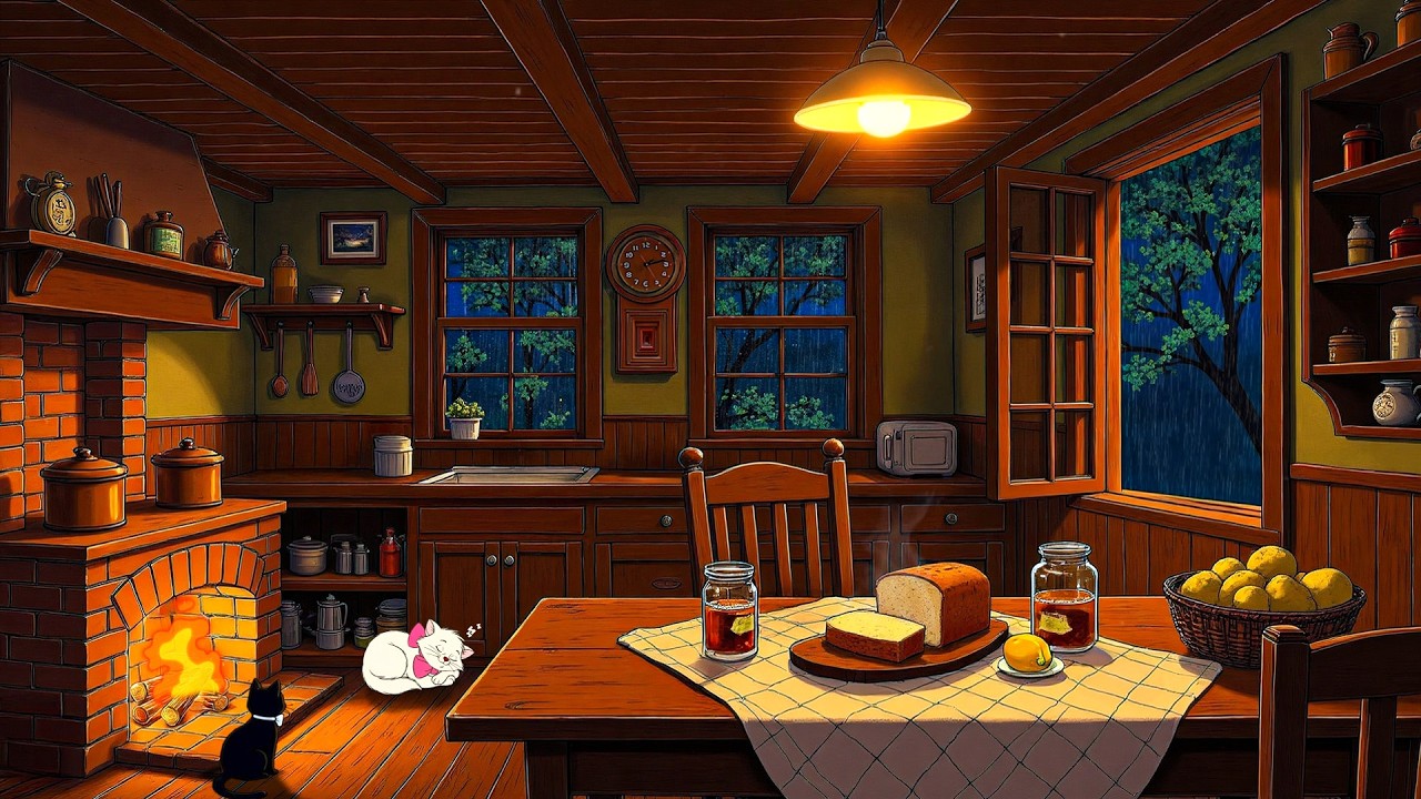 it's a cozy rainy night by the fireplace, 1930s with oldies playing in another room to relax