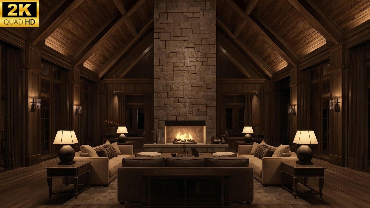 Evening in a Grand Cabin 🌙🔥 Warm Cozy Fireplace Ambience for Relaxation