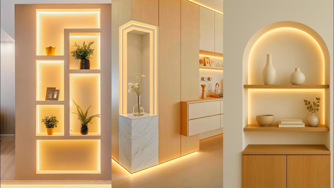 Living Room Wall Niches LED Lights Decor Ideas | False Ceiling Wall Niche Shelves Recessed Lights