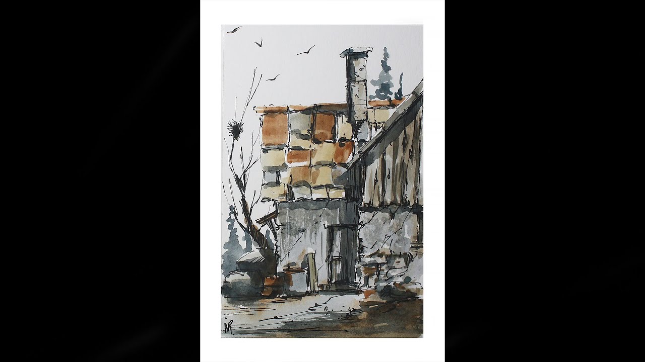 Drawing and paint Line and Wash  Old house watercolor By Nil Rcocha