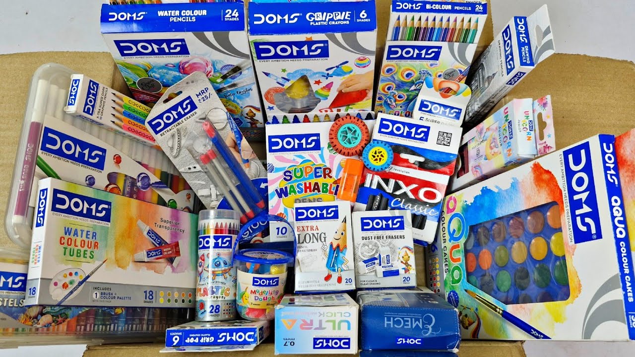 DOMS Stationery Collection🩵Geometry, Pen, Pencil Box, Sharpener, Crayons, Oil Pastels, Tube Color