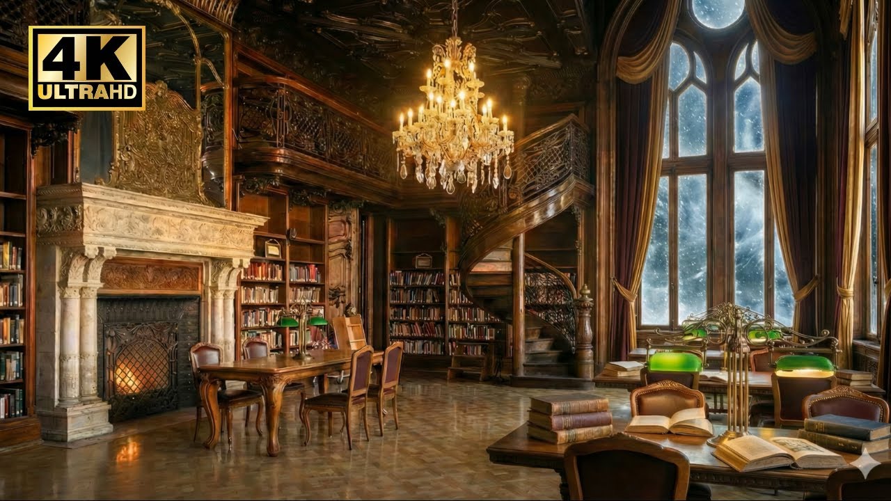 Cozy Winter Castle Library Ambience ❄️ Heavy Blizzard & Fireplace Sounds for Reading (No music)