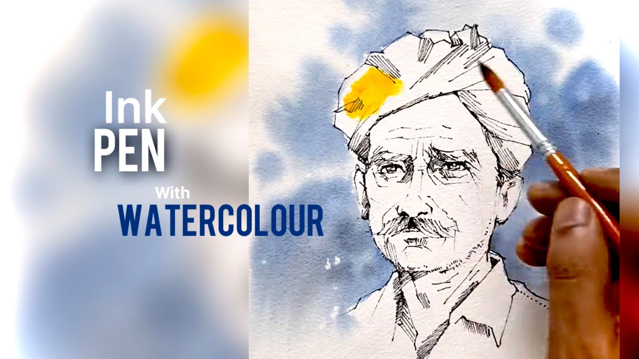Line and wash portrait. Ink pen with watercolour. Demo by Prakashanputhur
