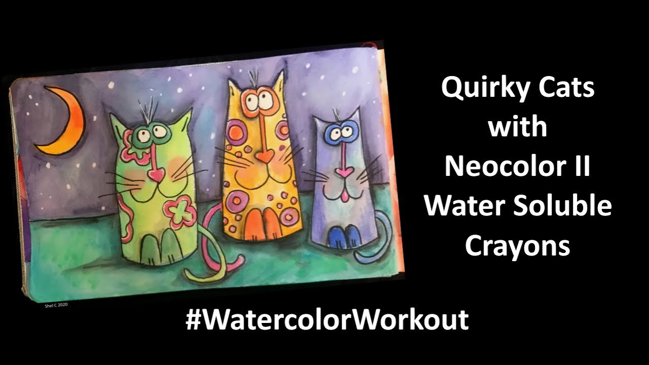 #WatercolorWorkout Quirky Cats with Neocolor II Water Soluble Crayons
