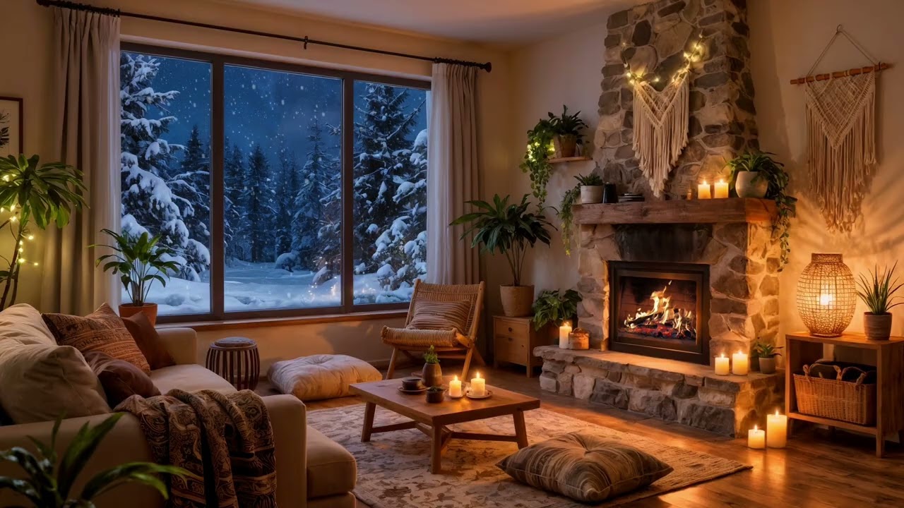Cozy Boho Living Room ❄️ Fireplace & Snowy Night Ambience | Relaxing Winter Cabin Vibes