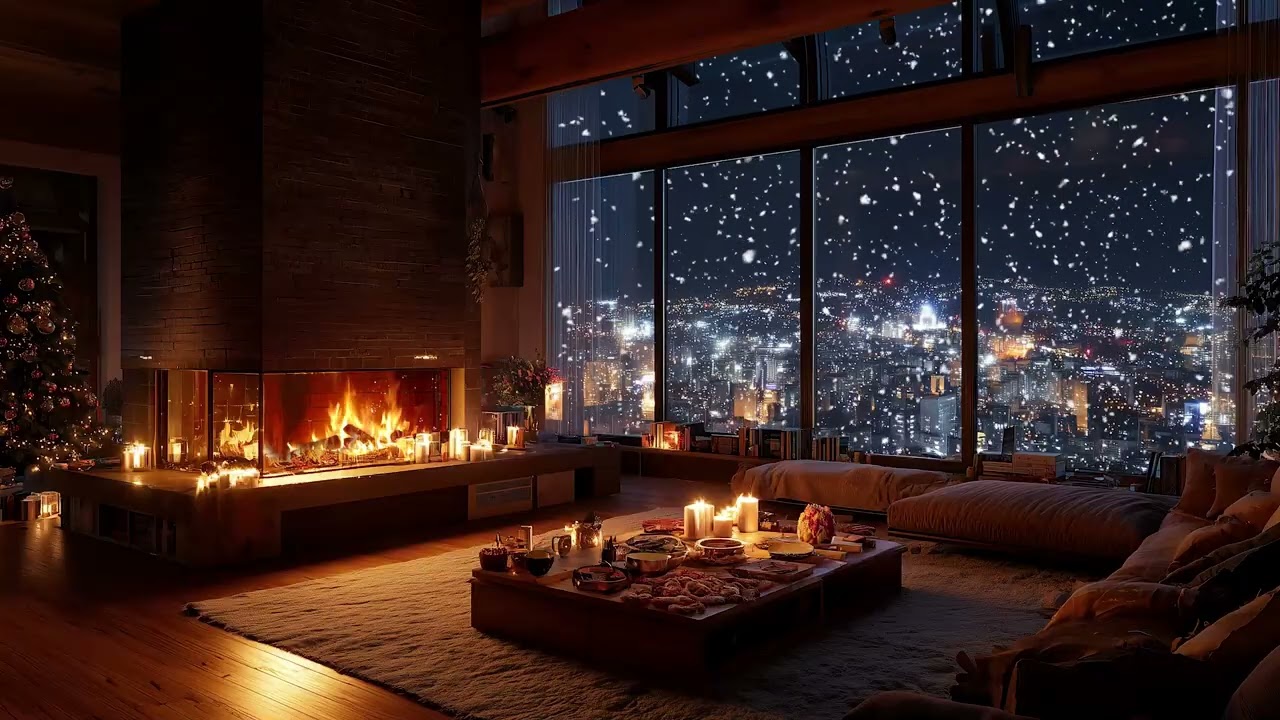 Peaceful Snowy Forest Cabin | Warm Fireplace Background for Rest