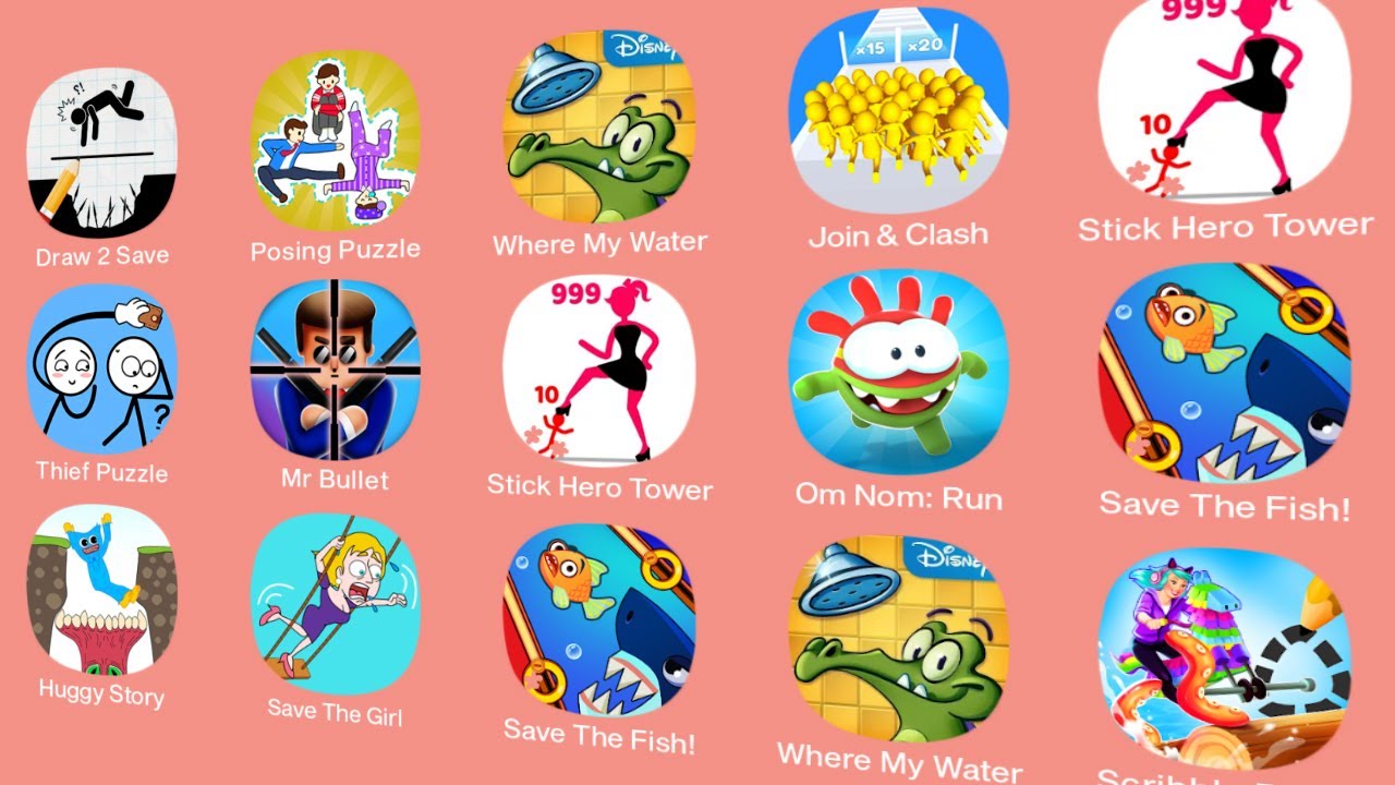 Mr Bullet,Save The Fish!,Thief Puzzle,Stick Hero Tower,Where My Water,Posing Puzzle,Huggy Story