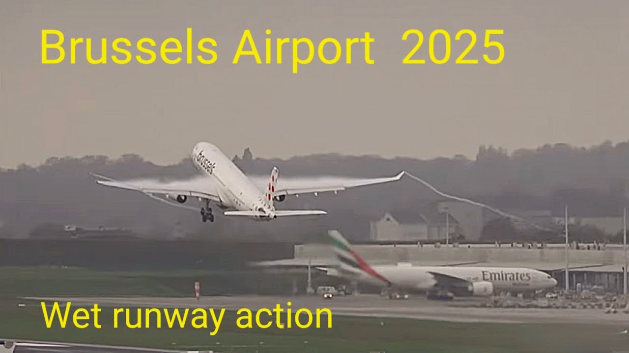 Brussels Airport  aircraft action on wet runway