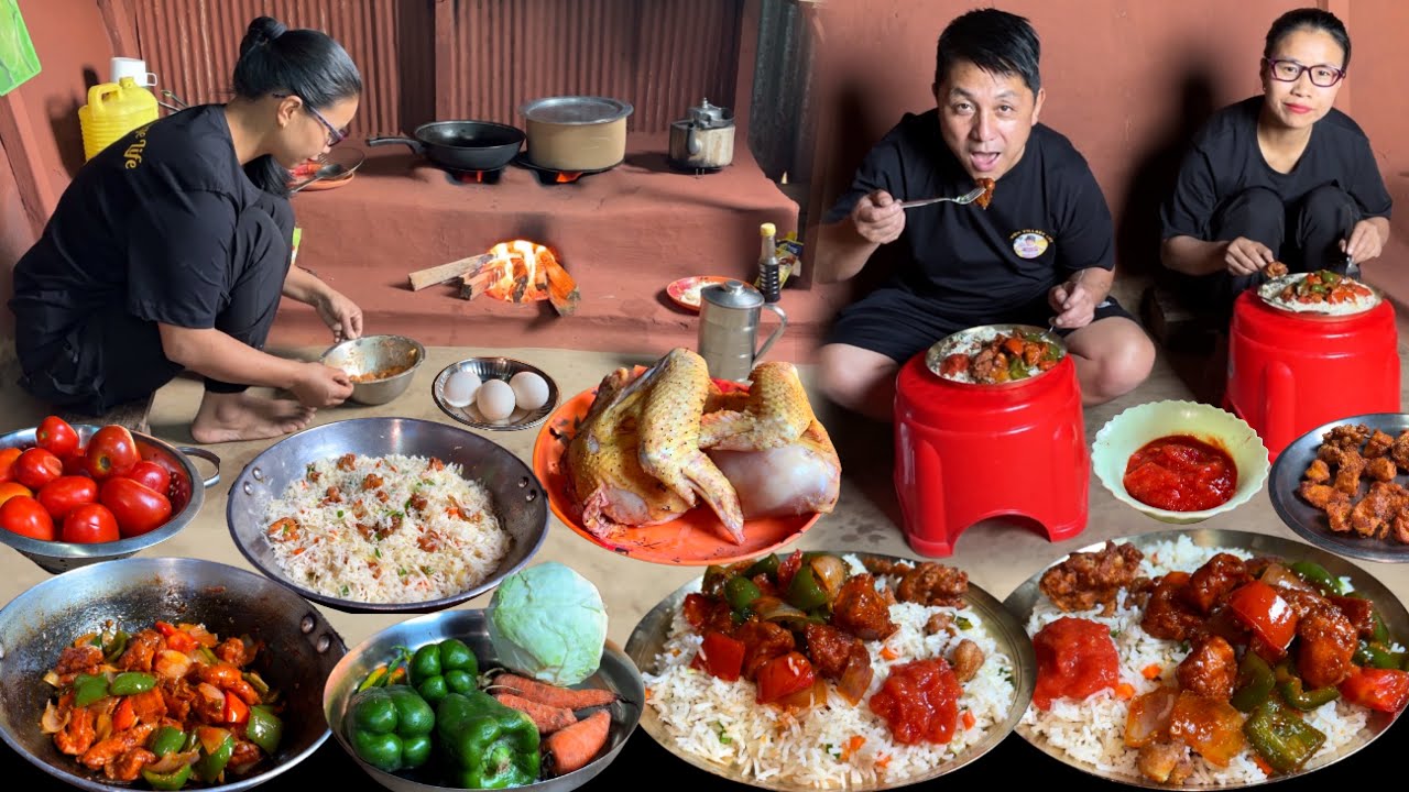 Today’s Meals - Dry Chilli Chicken Recipe with Chicken Fried Rice Village Style Cooking & Eating 