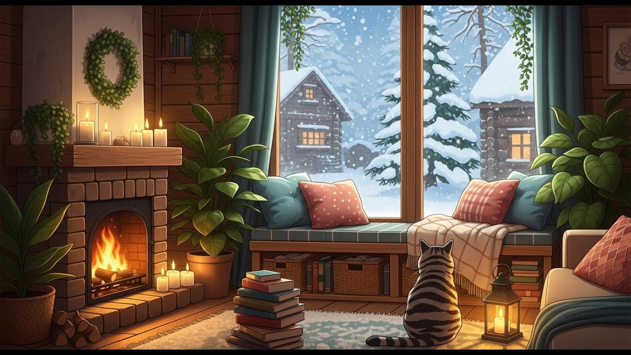 Quiet Cozy Cabin Fireplace with Rain Sounds 4K ☔🔥 Relaxing Lofi Music for Focus and Reading