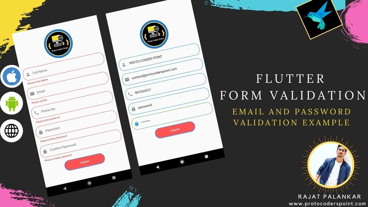 Flutter Form Validation- Email validate, Password Confirm