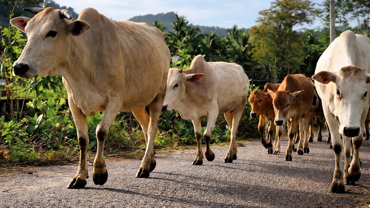 Puluhan sapi lembu jinak yang sedang berjalan di jalan hutan yang hijau bersama rombongan sapi sapi 