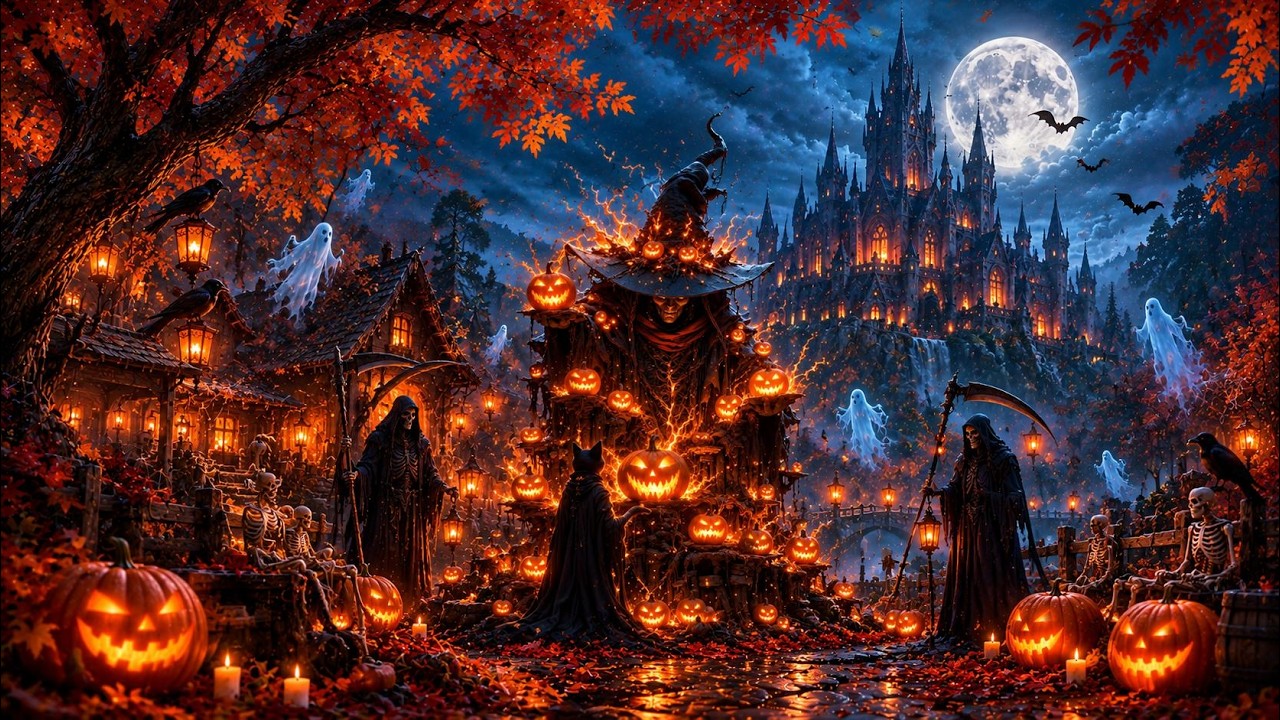 Relaxing Halloween Ambience 🎃 Midnight in a Cozy Haunted Village 👻 Spooky Sounds & Halloween Music