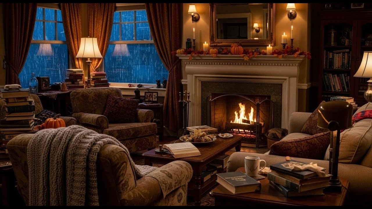 Cozy Gilmore Girls Autumn Ambiance 4K 🍂 30 minutes of Rain & Fireplace Sounds