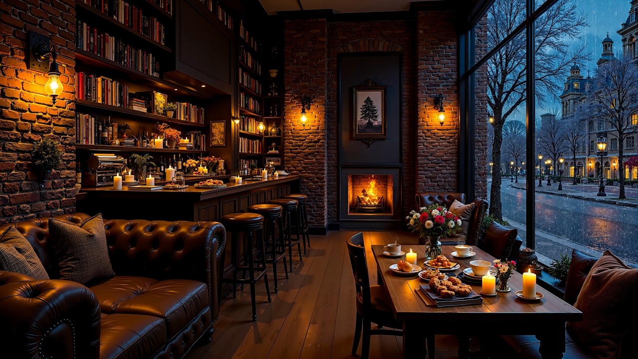 Smooth Jazz Piano Music for Work, Study ☕ Cafe Shop Ambience with Gentle Rain & Crackling Fireplace