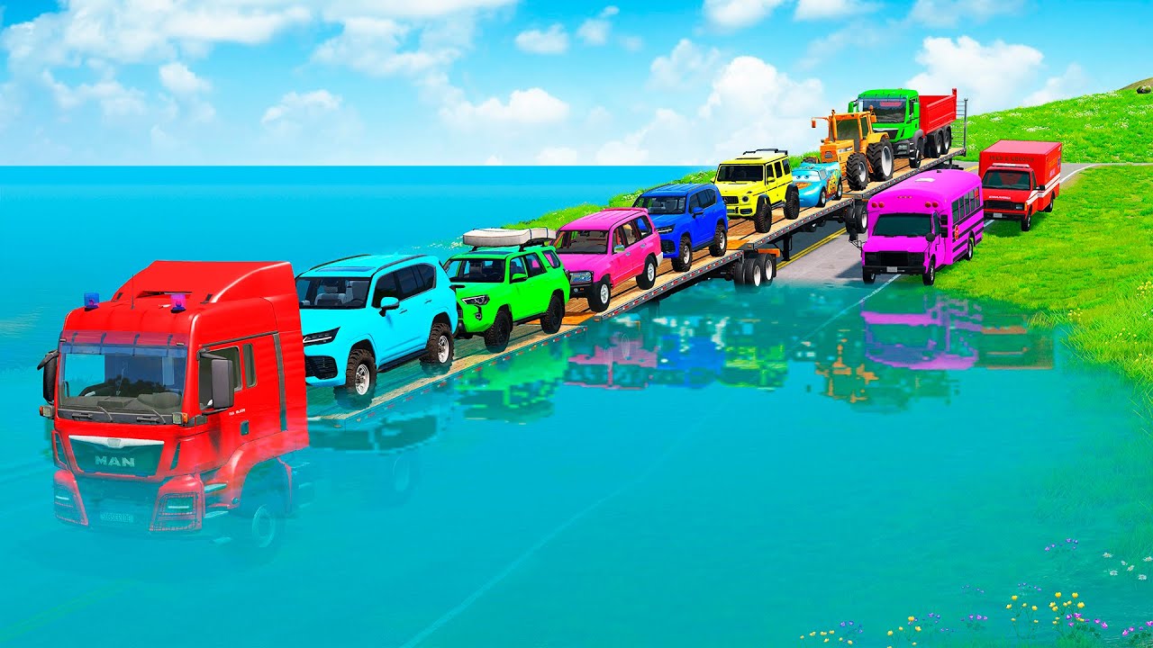 Triple Flatbed Trailer McQueen Transportation with Truck - Speedbumps vs Cars vs Train - BeamNG #14