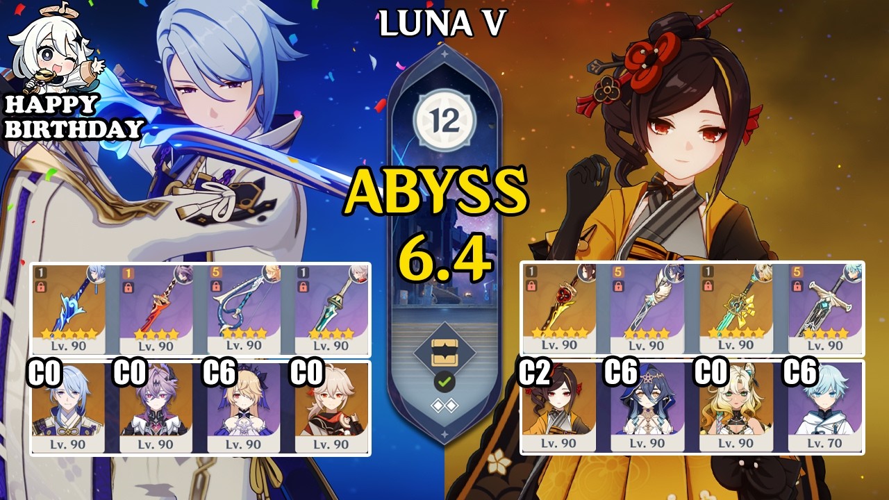 【Genshin Impact Бездна 6.4】C0 Аято Overvape & C2 Тиори Double Cryo｜原神 Spiral Abyss Luna 5