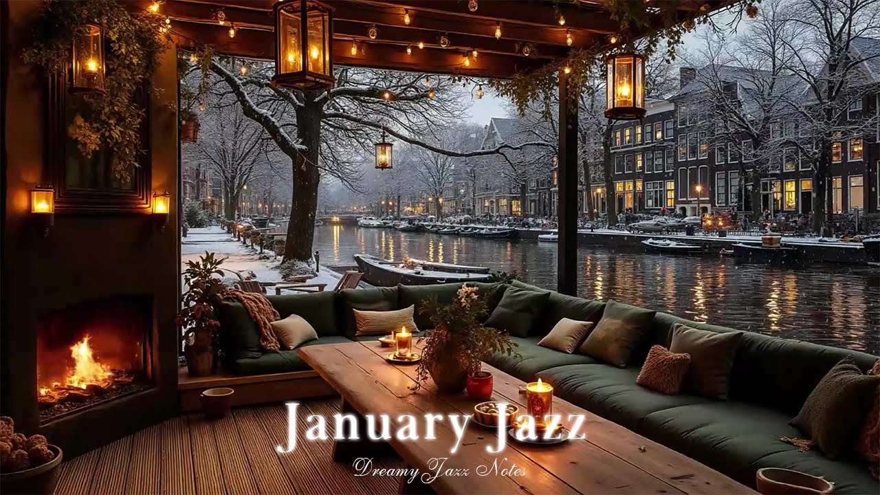Relaxing January Jazz Ambience ☕ Cozy Riverside Jazz Café with Warm Fireplace