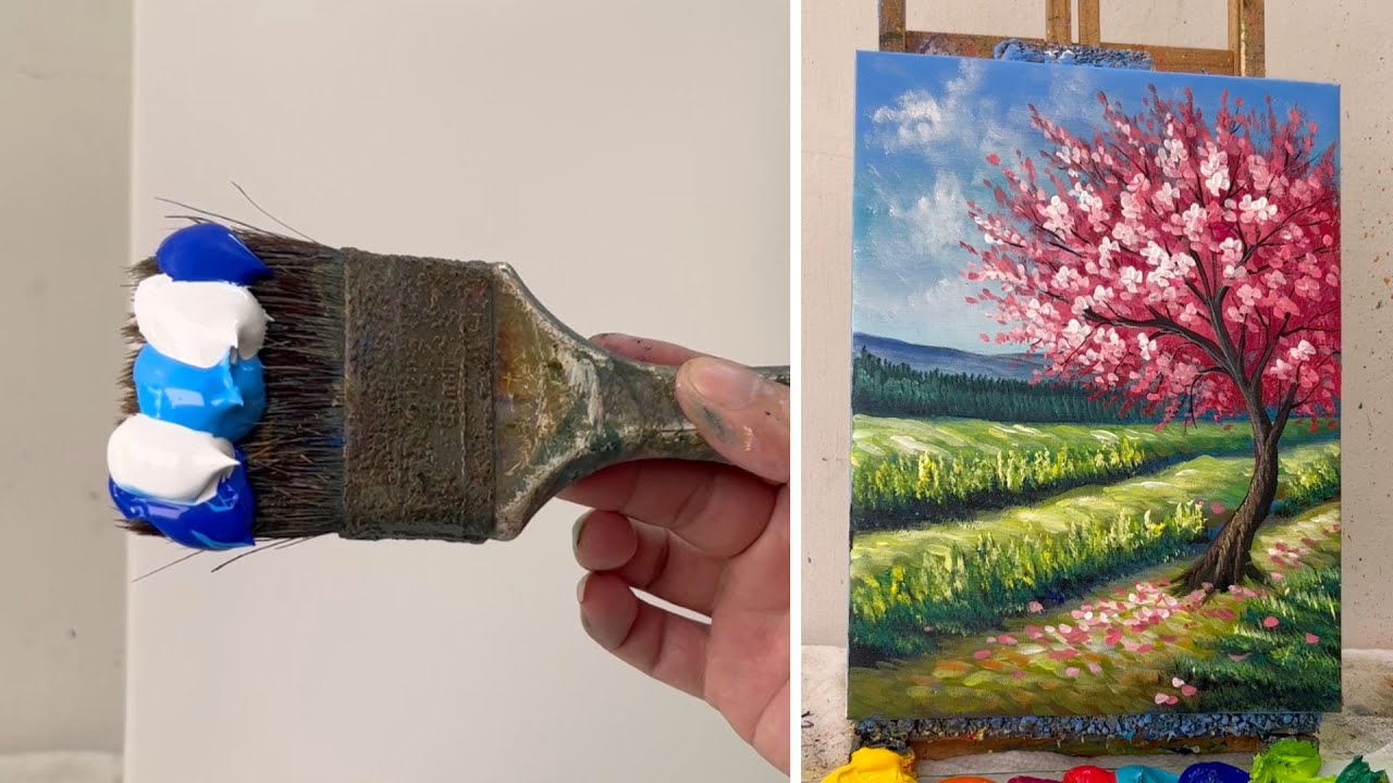 How to Draw a Cherry Blossom Tree | Easy Acrylic Landscape Painting for Beginners