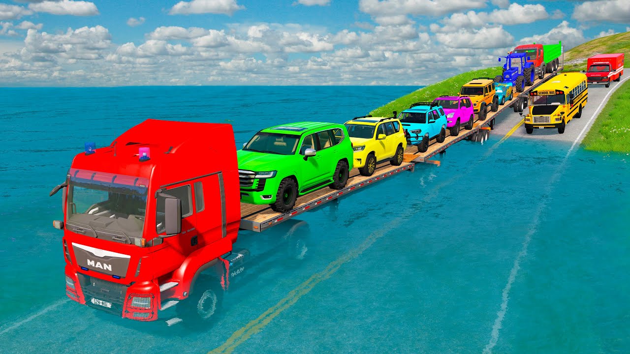 Triple Flatbed Trailer McQueen Transportation with Truck - Speedbumps vs Cars vs Train - BeamNG #232