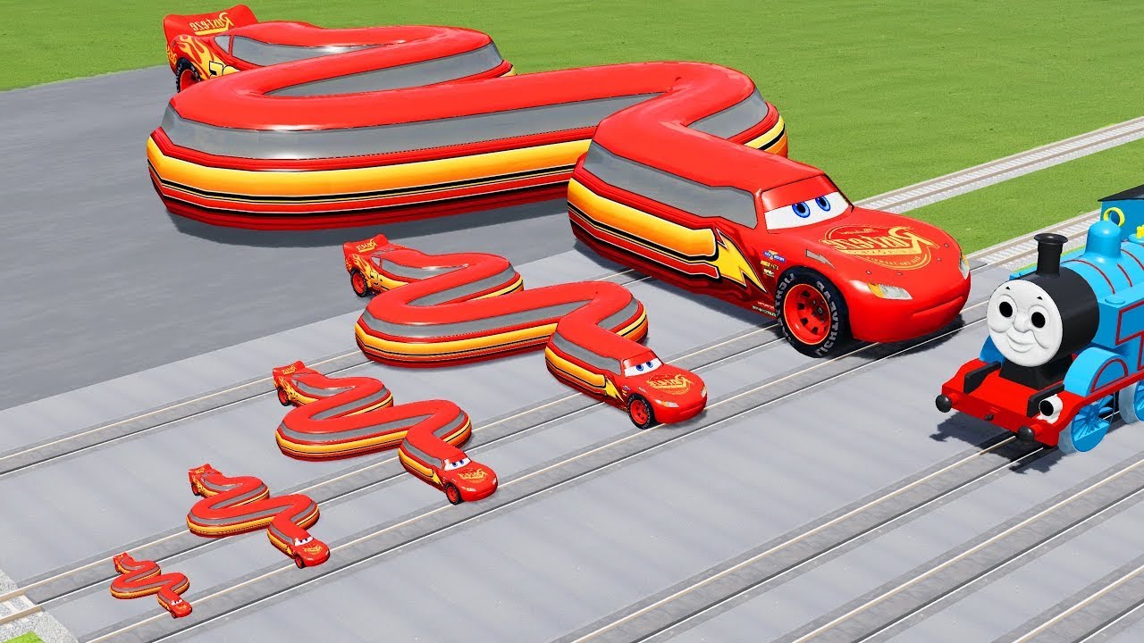 Big & Small Long Snake Lightning Mcqueen vs Trains - BeamNG.Drive
