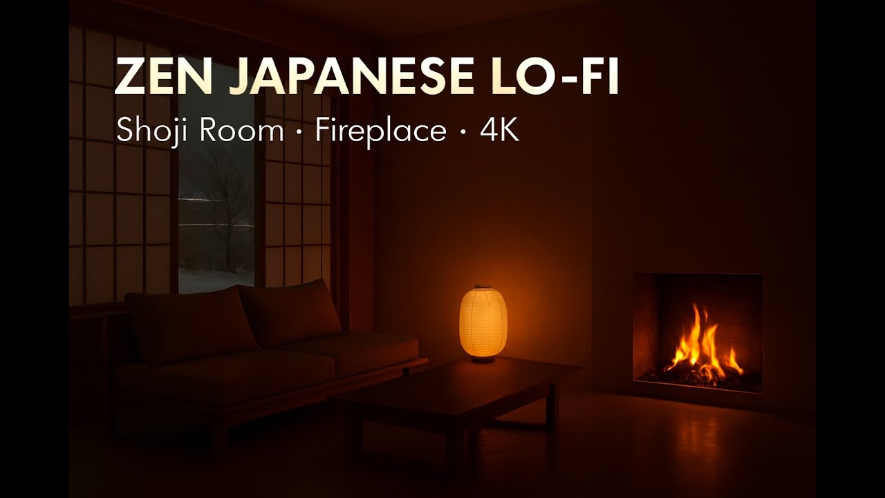 Japanese Zen Lo-Fi Fireplace (4K) | Shoji Room Winter Night for Study, Relax & Sleep