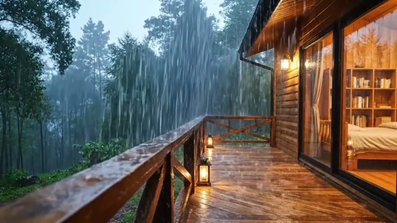 Heavy Rain on Cabin Terrace - Midnight Forest Ambience