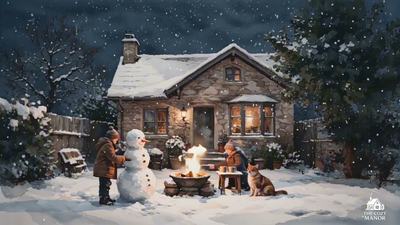 4 Hours Cozy Winter Ambience ❄️ Snowfall, Playing Children & Cat Sounds | Relax, Study, Sleep