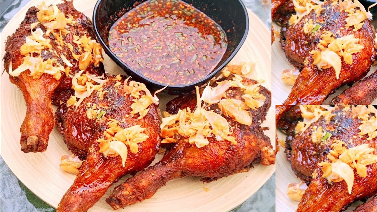 Fried chicken thai herbs with nam jim jaew ( isan chilli sause) thai street food recipe 😋 👌