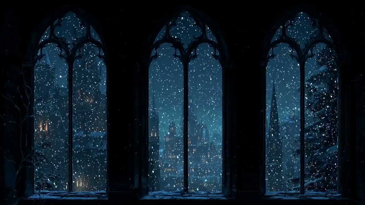Harry Potter Winter Night Window | 4K Snowfall, Wind Sounds & Cozy Hogwarts Atmosphere