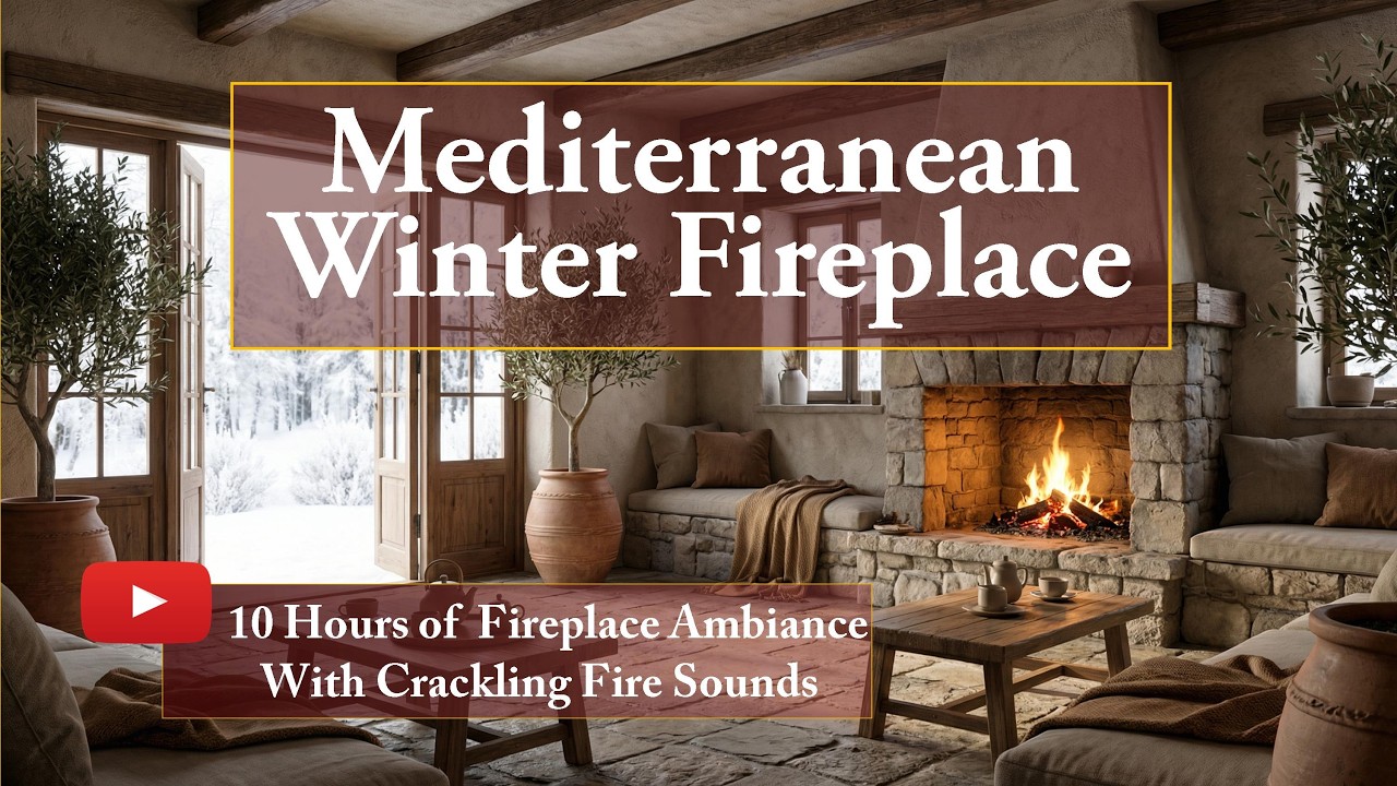 Mediterranean Winter Fireplace — 10 Hours of Cozy Fire Sounds & Snowy Cottage Ambience
