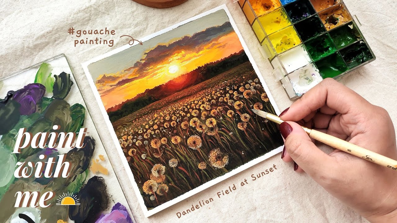 gouache PAINT WITH ME 🌼☀️ dandelion field at sunset 🌱 my first video