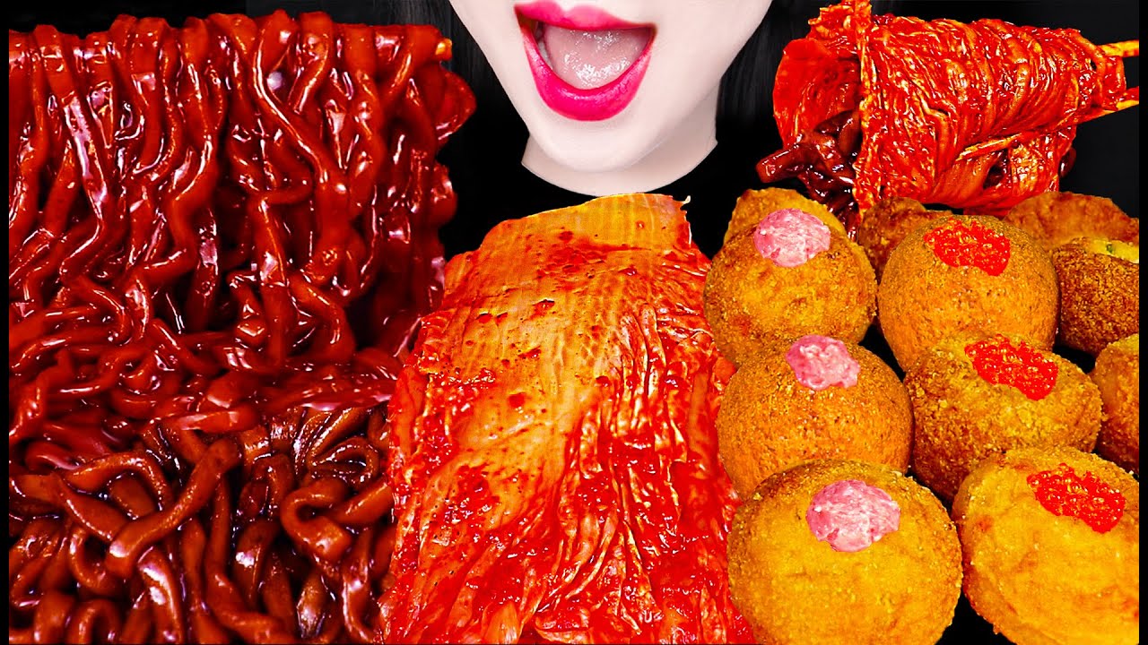 ASMR KIMCHI, NOODLES, BALL KATSU 김치, 짜장면, 볼카츠 먹방 MUKBANG, EATING
