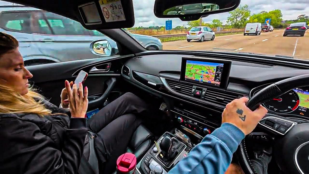 POV Audi A6 C7 Black Edition Driving the M25 Road in Rush Hour with a bored wife