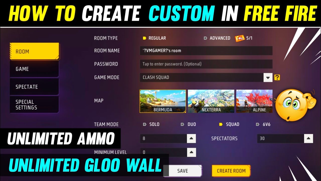 How To Create Custom In Free Fire || Unlimited Ammo, Gloo Wall 