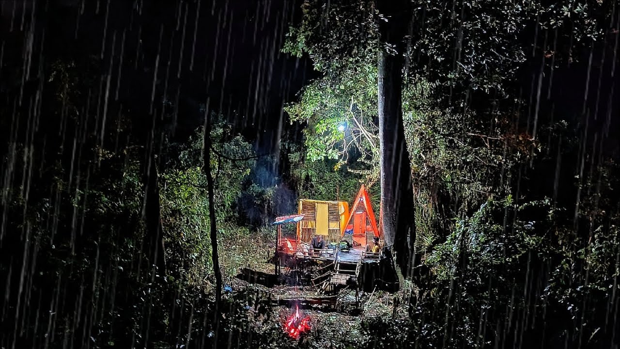 Camping hujan deras membuat shelter disamping pohon raksasa berusia seratus tahun