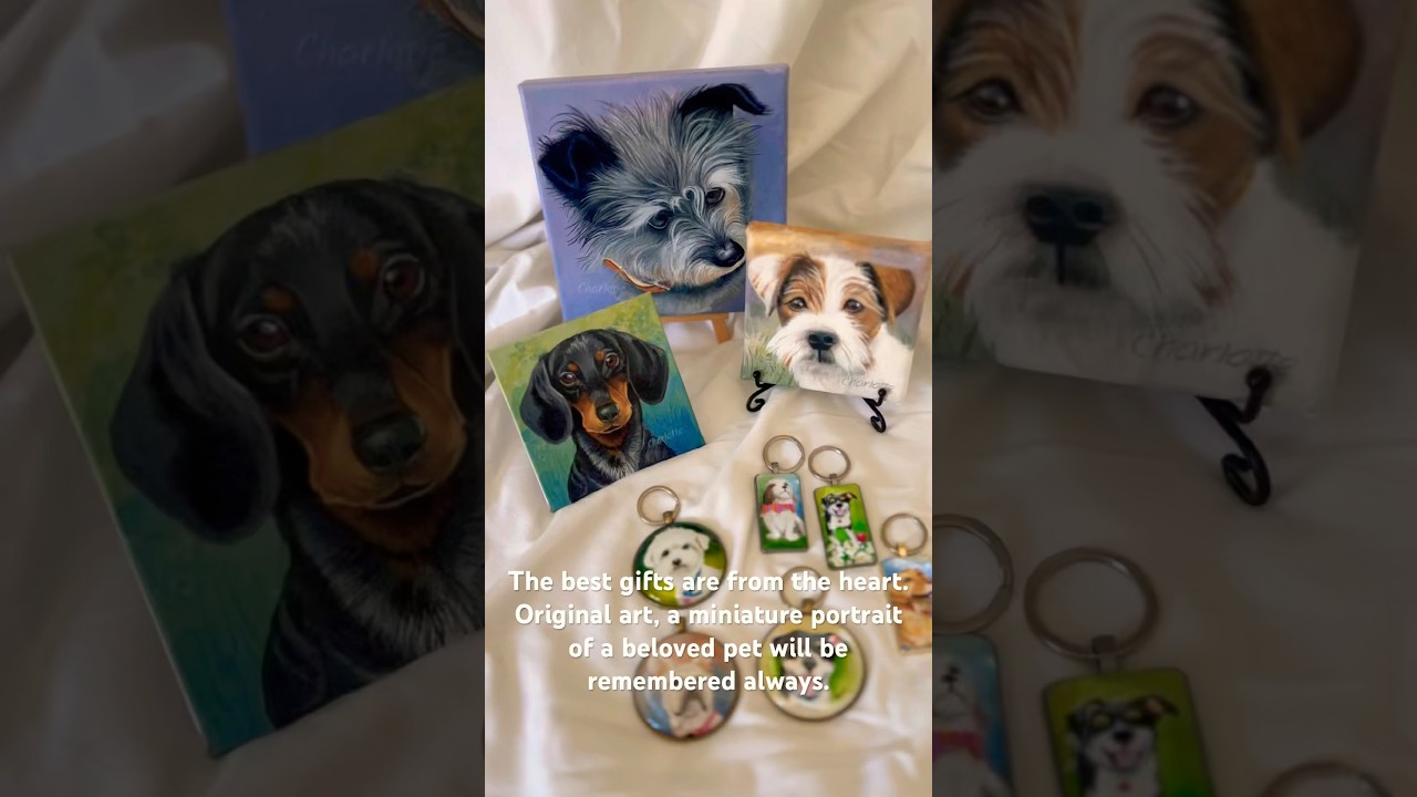 Miniature portraits, 8”, 6”, 4”, key fobs, original art.