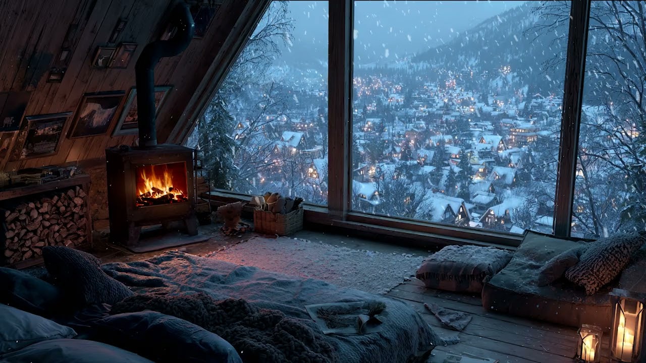 Peaceful Bedroom with Snow and Wind Outside | Soft Music to Relax, Study, and Fall Asleep