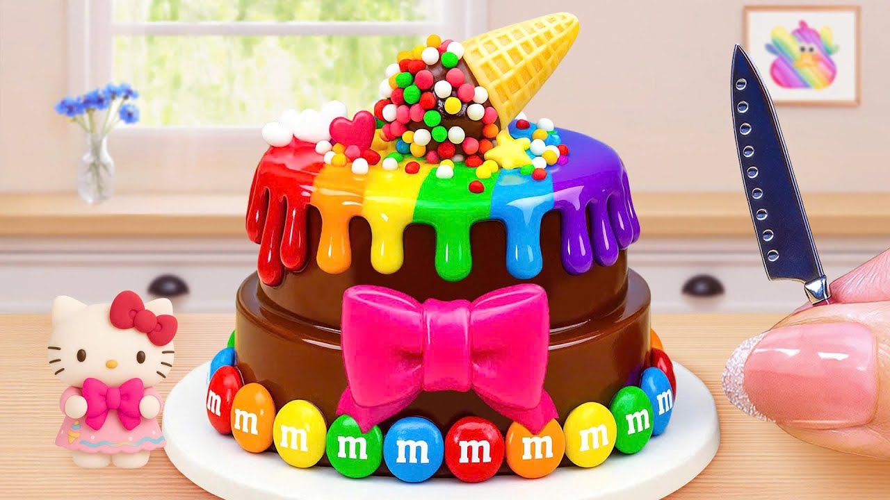 Mini Rainbow Cake Recipe With Hello Kitty Pink Bow | Satisfying Rainbow Cake Recipe