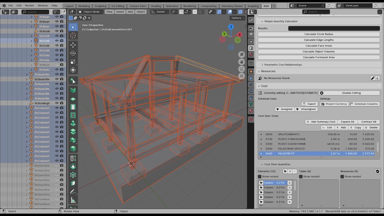 QUANTITYTAKEOFF in BLENDERBIM : DETERMINARE IL COSTO DI 1 CATEGORIA DI OPERE (parte seconda).