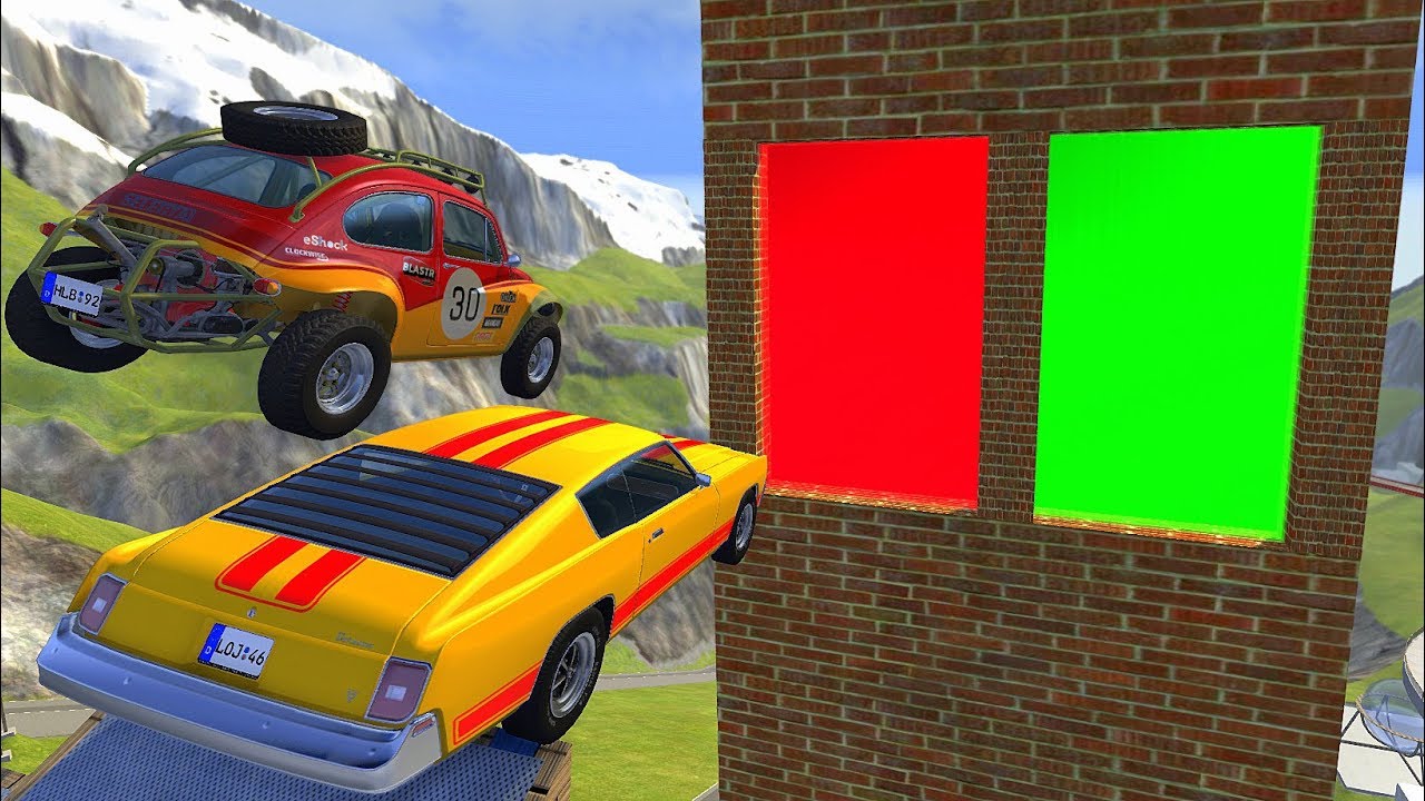 Crazy Vehicle High Speed Jumping through Green Or Red Slime Water Wall Crashes - BeamNG drive Jumps
