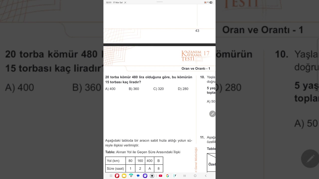 7. Sınıf Matematik Oran-Orantı MEB Kazanım Kavrama Testi Soru Çözümü
