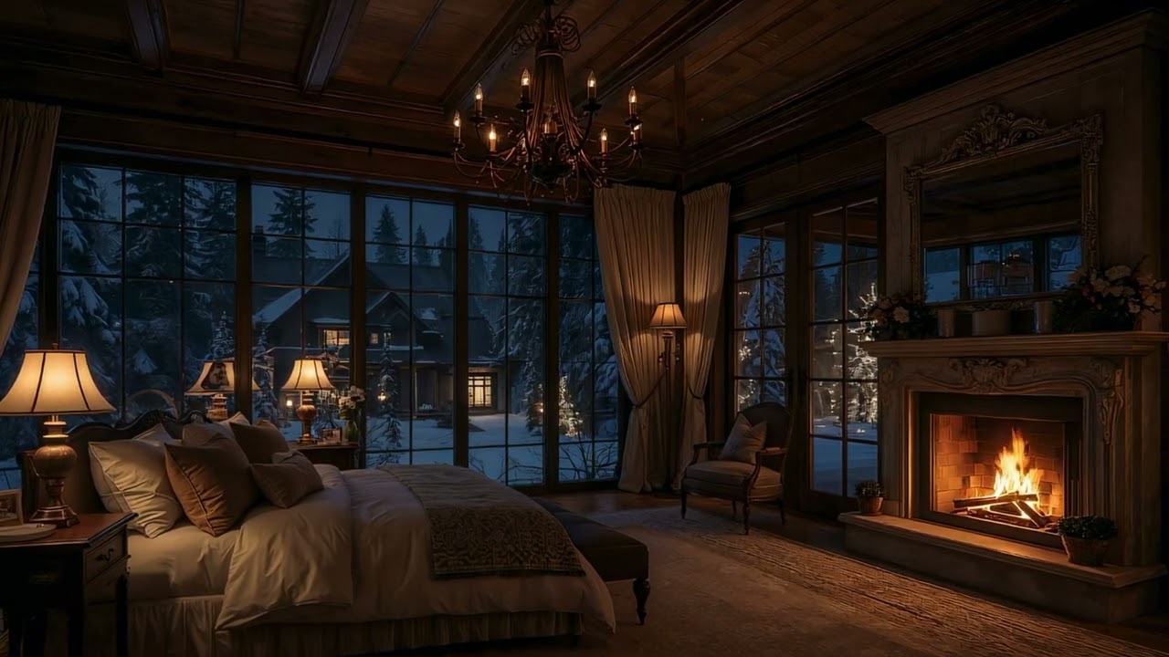 Cozy Bedroom Fireplace Night | Warm Ambience for Sleep (2 Hours) 4K | Snowy View