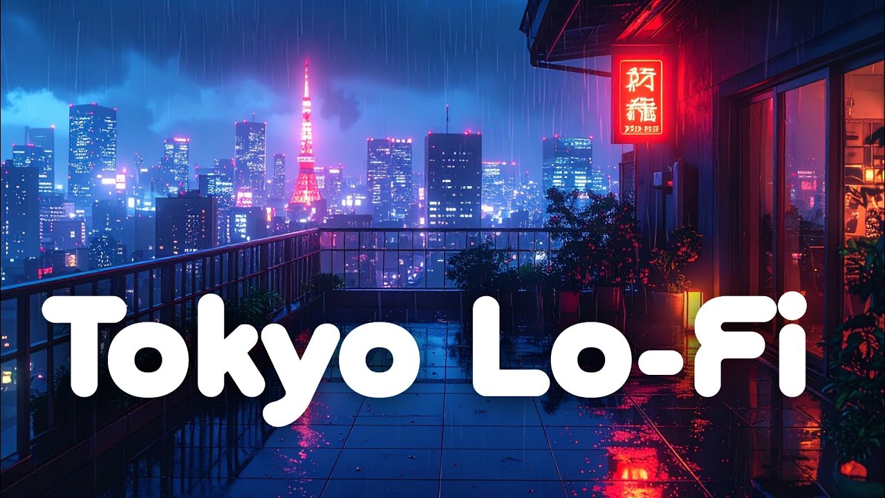 Neon City Balcony Lofi - Study & Work - 1 Hour - Rain Ambience