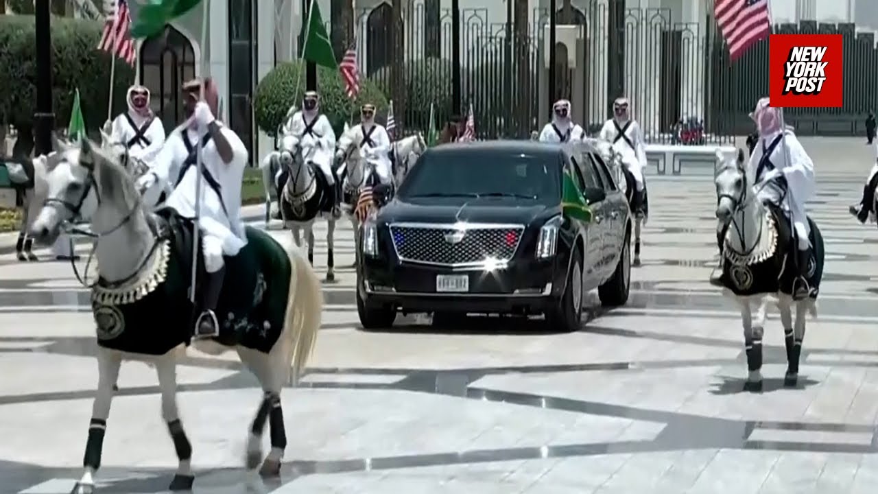 Arabian horses escort Trump's motorcade after arriving in Saudi Arabia with Elon Musk in attendance