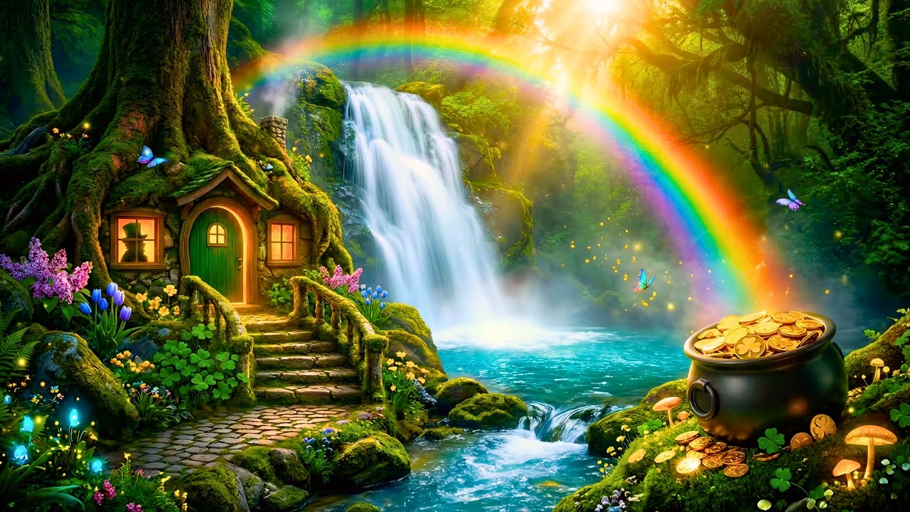 St Patrick’s Day Ambience ☘️ Secret Leprechaun’s Rainbow Waterfall 🌈 Cozy Forest & Celtic Music | 4K